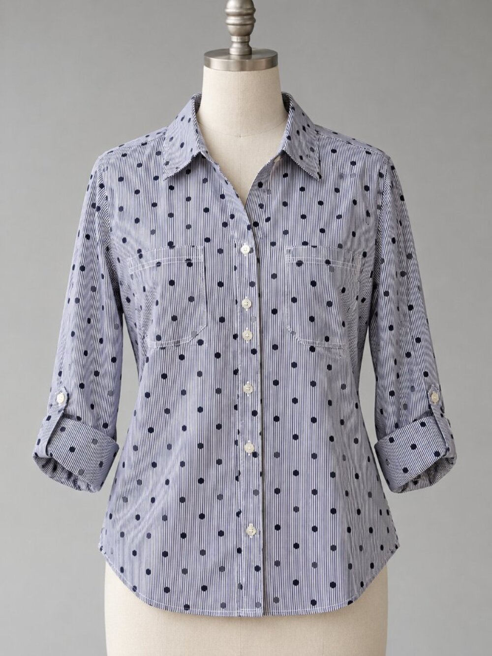 Emily Daniels Blue Striped Polka Dot Button Down Shirt | Size XL